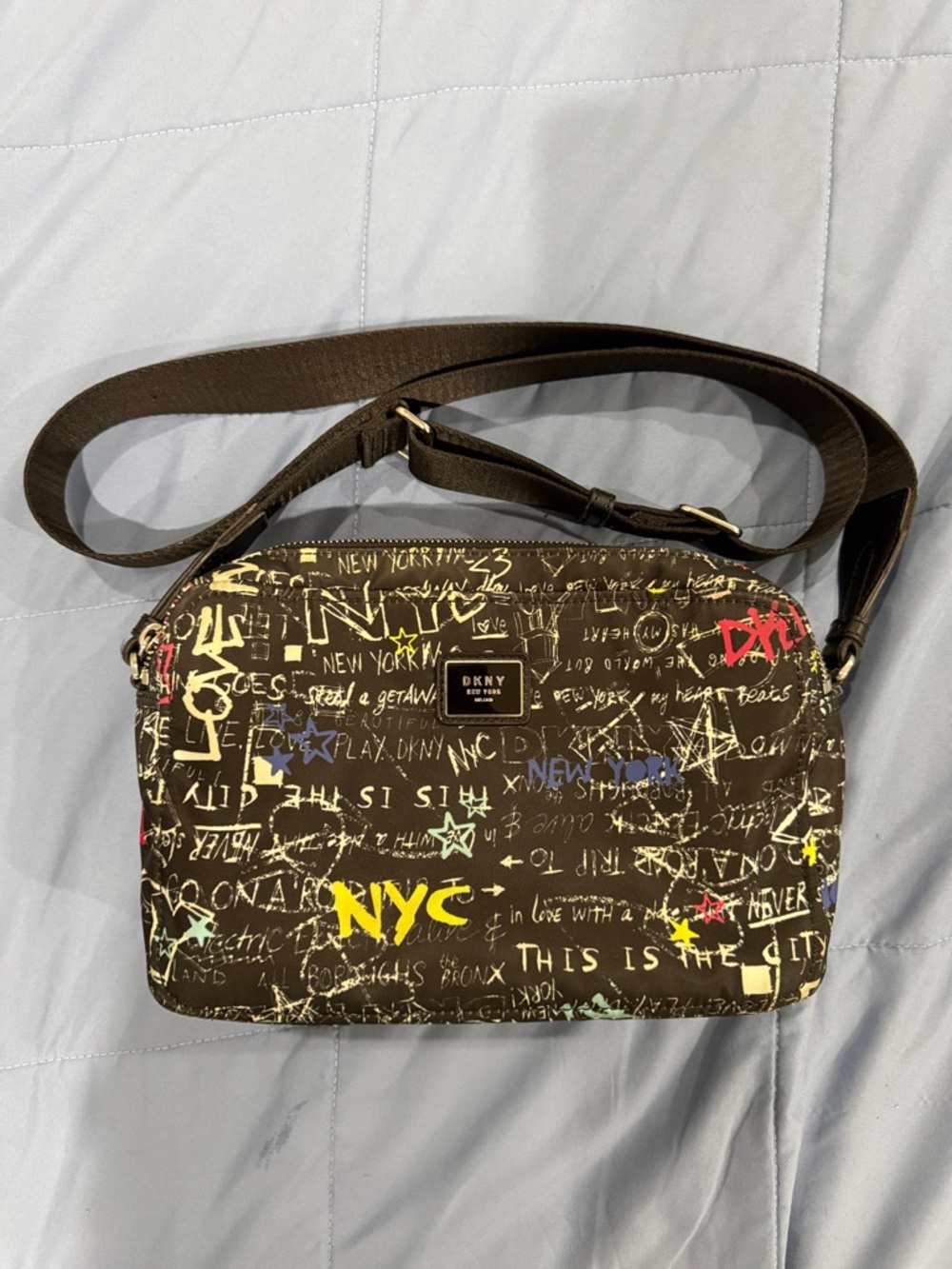 DKNY Brown Graffiti Print Crossbody Messenger Bag